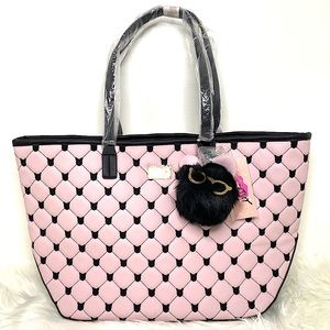 Betsey Johnson Quilted Pink & Black Tote Bag Decorated with Cats/Kittens NWT